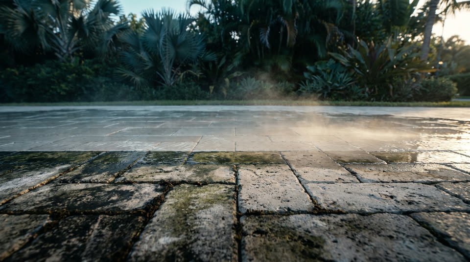 A Grand Cayman paver driveway, filthy in the foreground and freshly washed beyond a hard clean line.