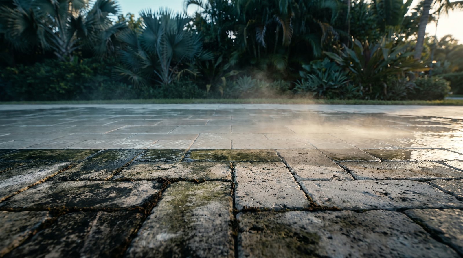 A Grand Cayman paver driveway, filthy in the foreground and freshly washed beyond a hard clean line.